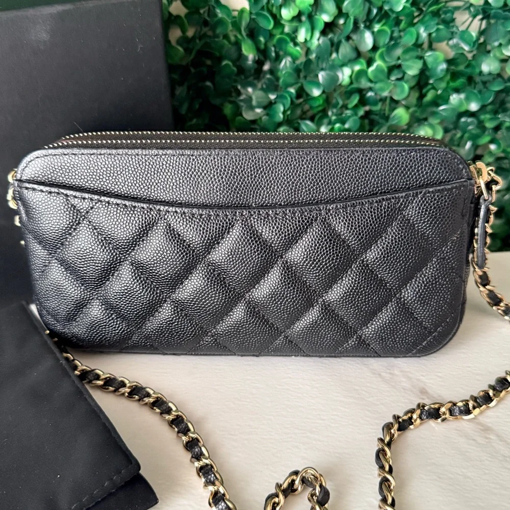 Chanel Black Caviar Quilted Double Zip Clutch with Chain Crossbody Bag Authentic
